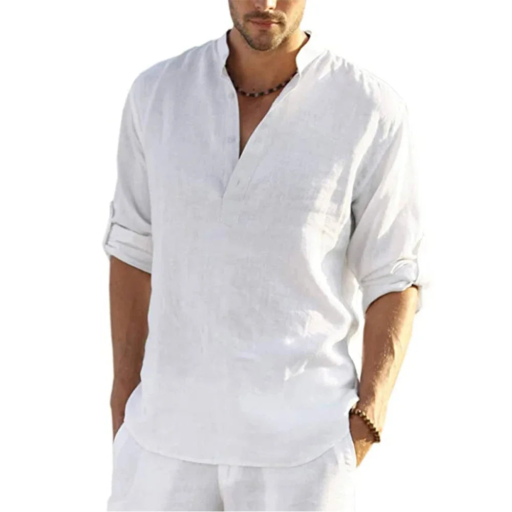 New Men's Casual Blouse Cotton Linen Shirt Loose Tops