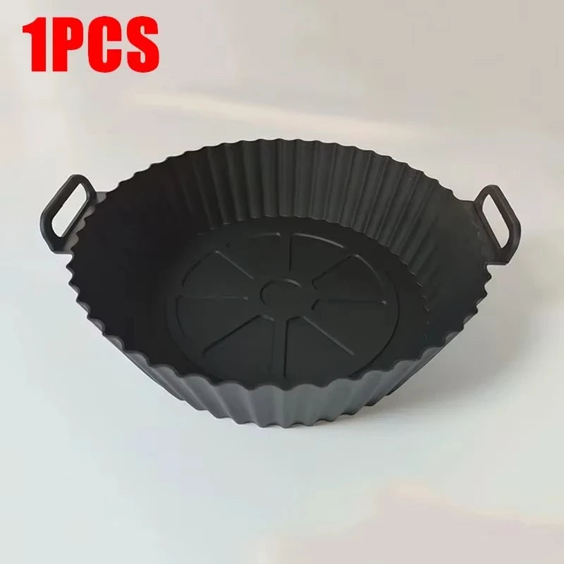 1PC Air Fryer Silicone Baking Tray Mat Circular High-Temperature Resistant Foldable Food Grade Double Ear Baking Tray