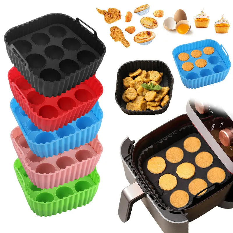2pcs Silicone Air Fryer Liners & Muffin Pan Set Reusable Baking Trays Non-Stick Cupcake Molds for Airfryer Cooking Kitchen Tools