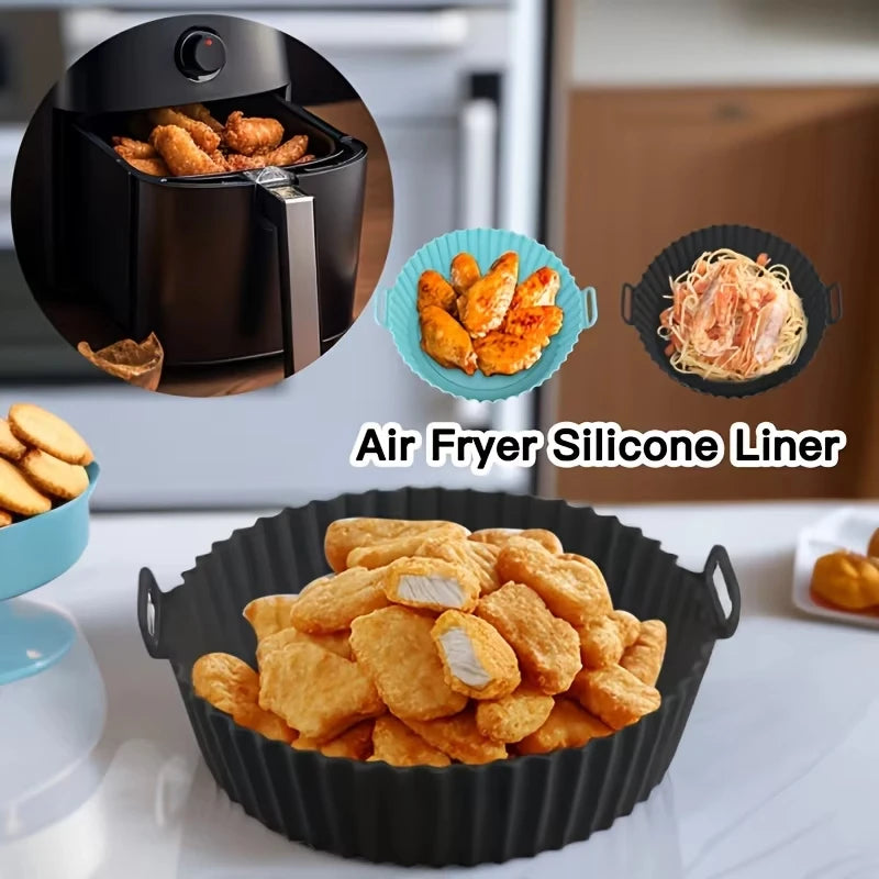 1PC Air Fryer Silicone Baking Tray Mat Circular High-Temperature Resistant Foldable Food Grade Double Ear Baking Tray