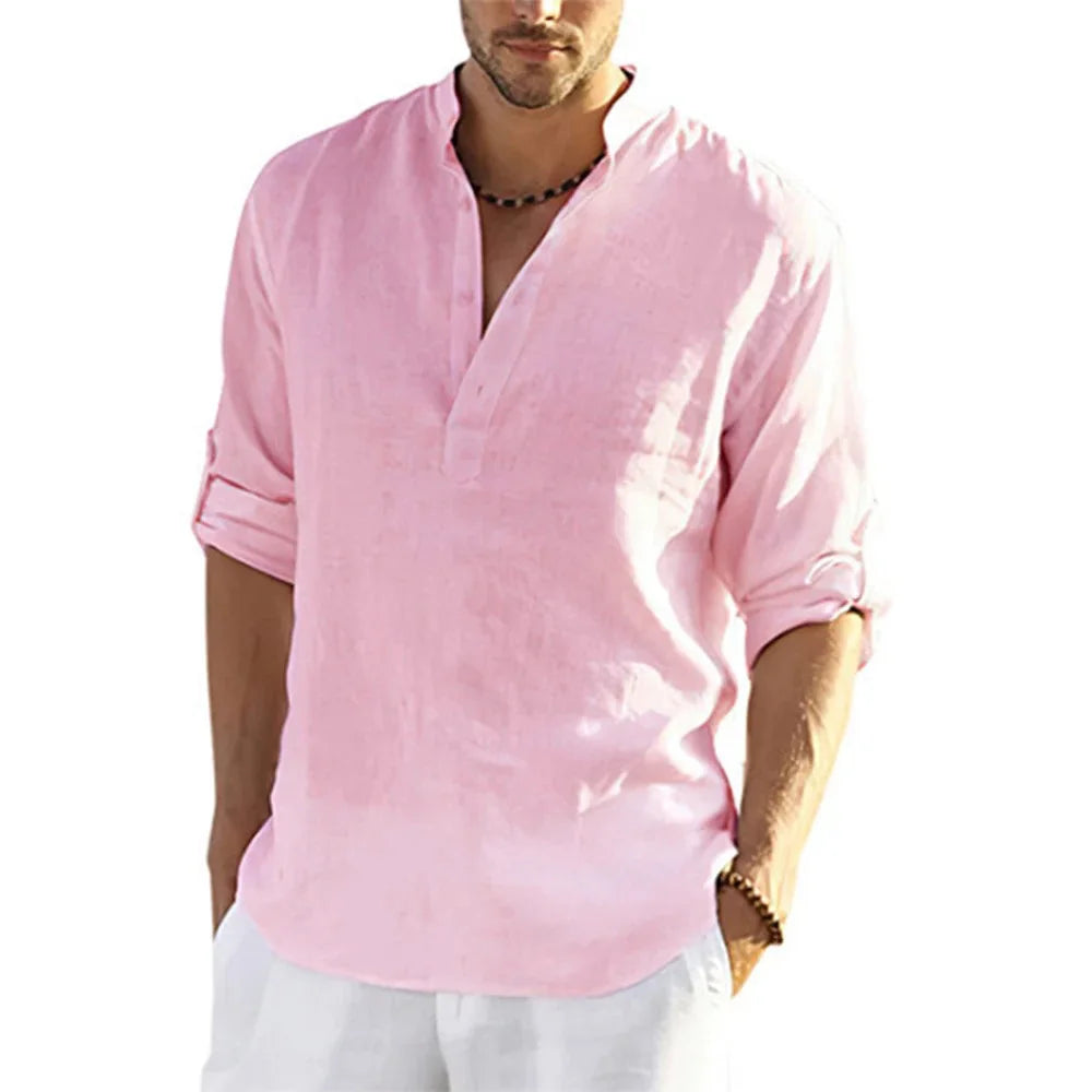New Men's Casual Blouse Cotton Linen Shirt Loose Tops