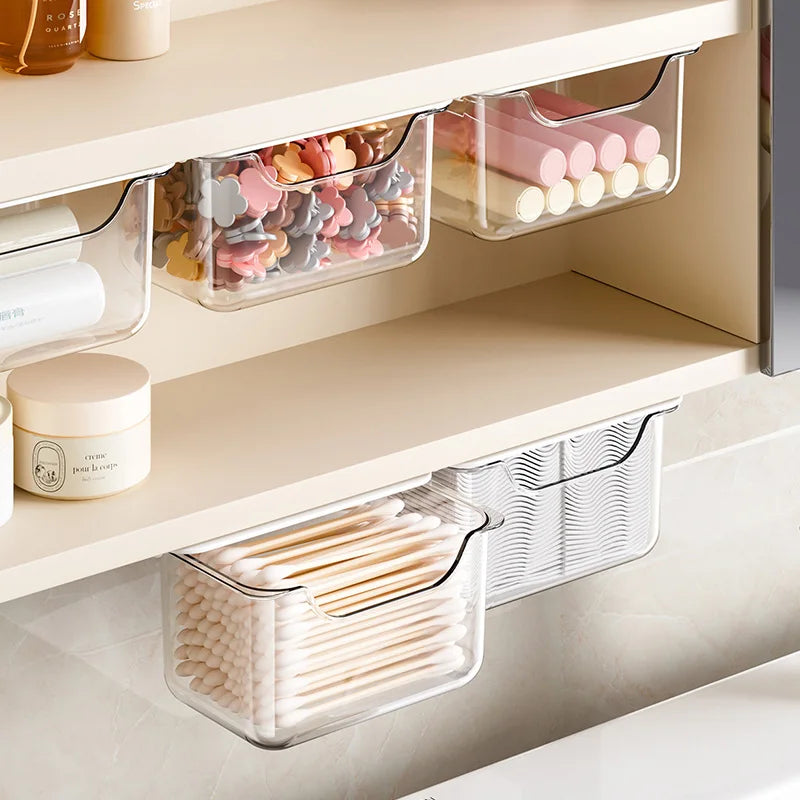 12pcs Drawer Storage Box Bathroom Transparent Suspended Cotton Swab Storage Box Under the Mirror Cabinet Pull-Out Storage Case