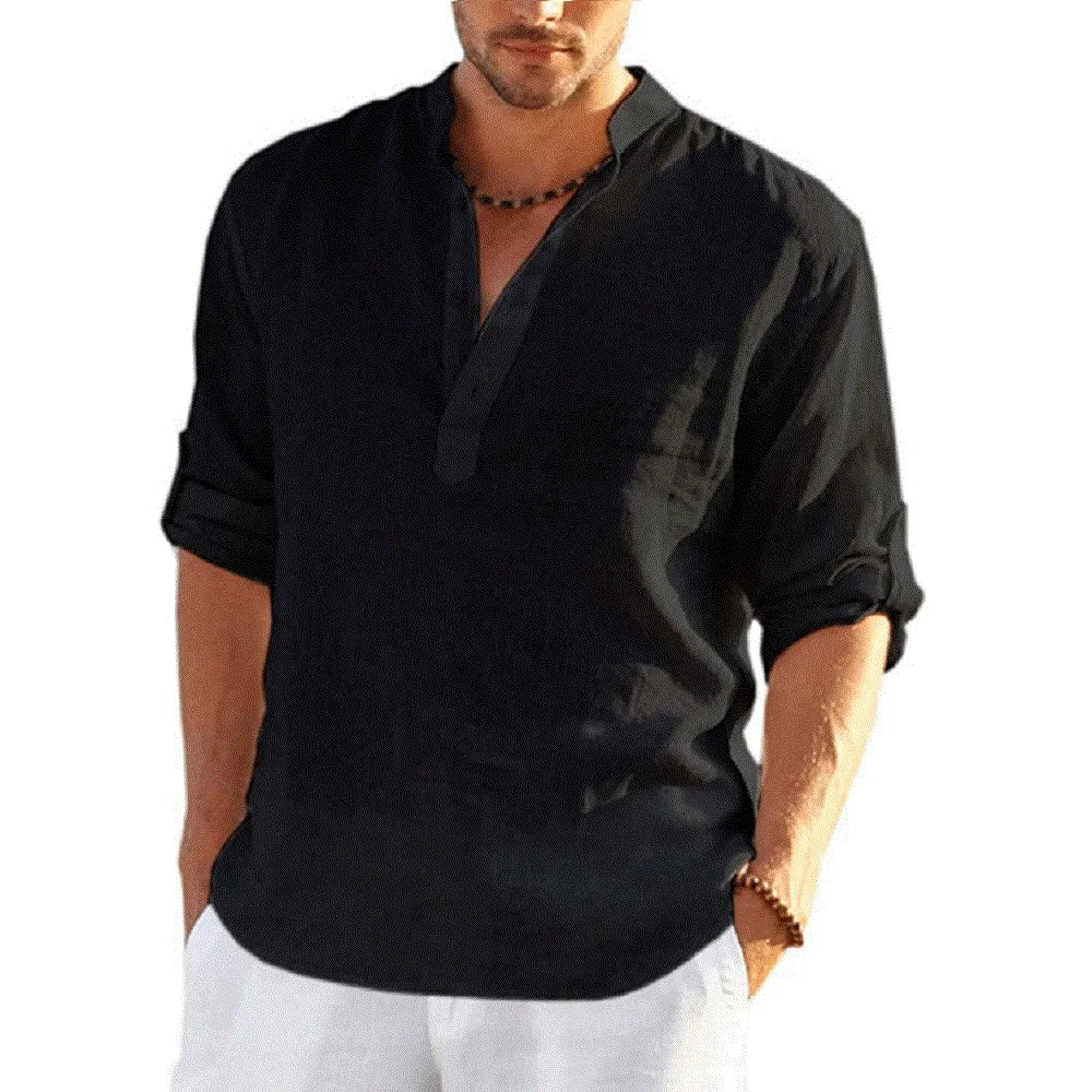 New Men's Casual Blouse Cotton Linen Shirt Loose Tops