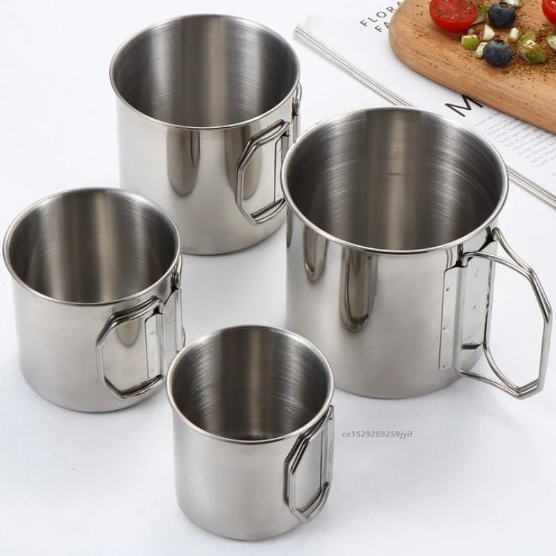 Stainless Steel Camping Cup 250/350/500/700ml Portable Mountaineering Cups With Foldable Handle Outdoor Water Mug Drinkware