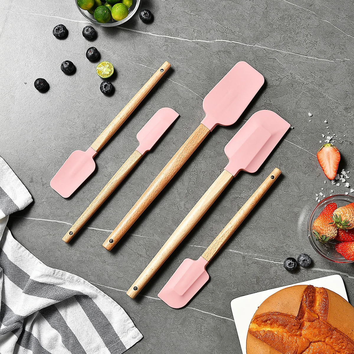 5pcs Wooden Handle Silicone Scrapers Set High Temperature Resistant Cream Cake Spatula Baking Scraper Shovel Kitchen Bakeware