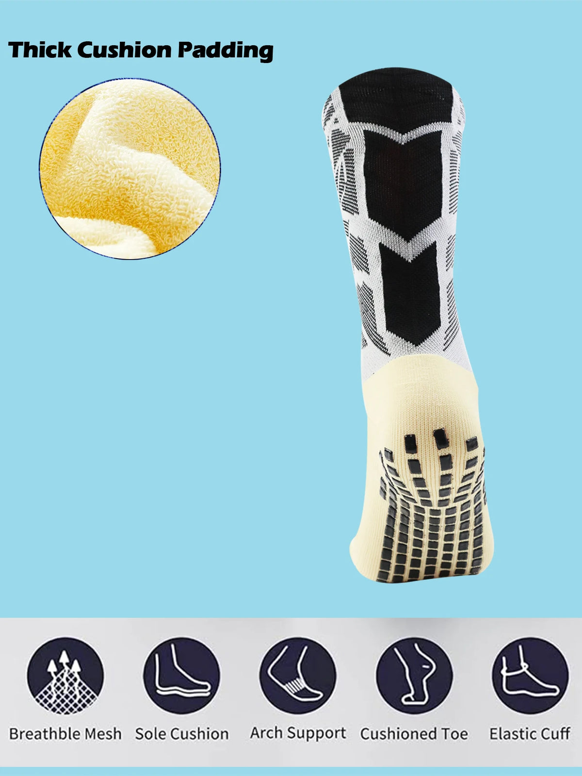 1 Pair Men's Football Socks with Grip, Non Slip Anti Slip Athletic Socks with Cushion Pads for Football/Basketball/Hockey