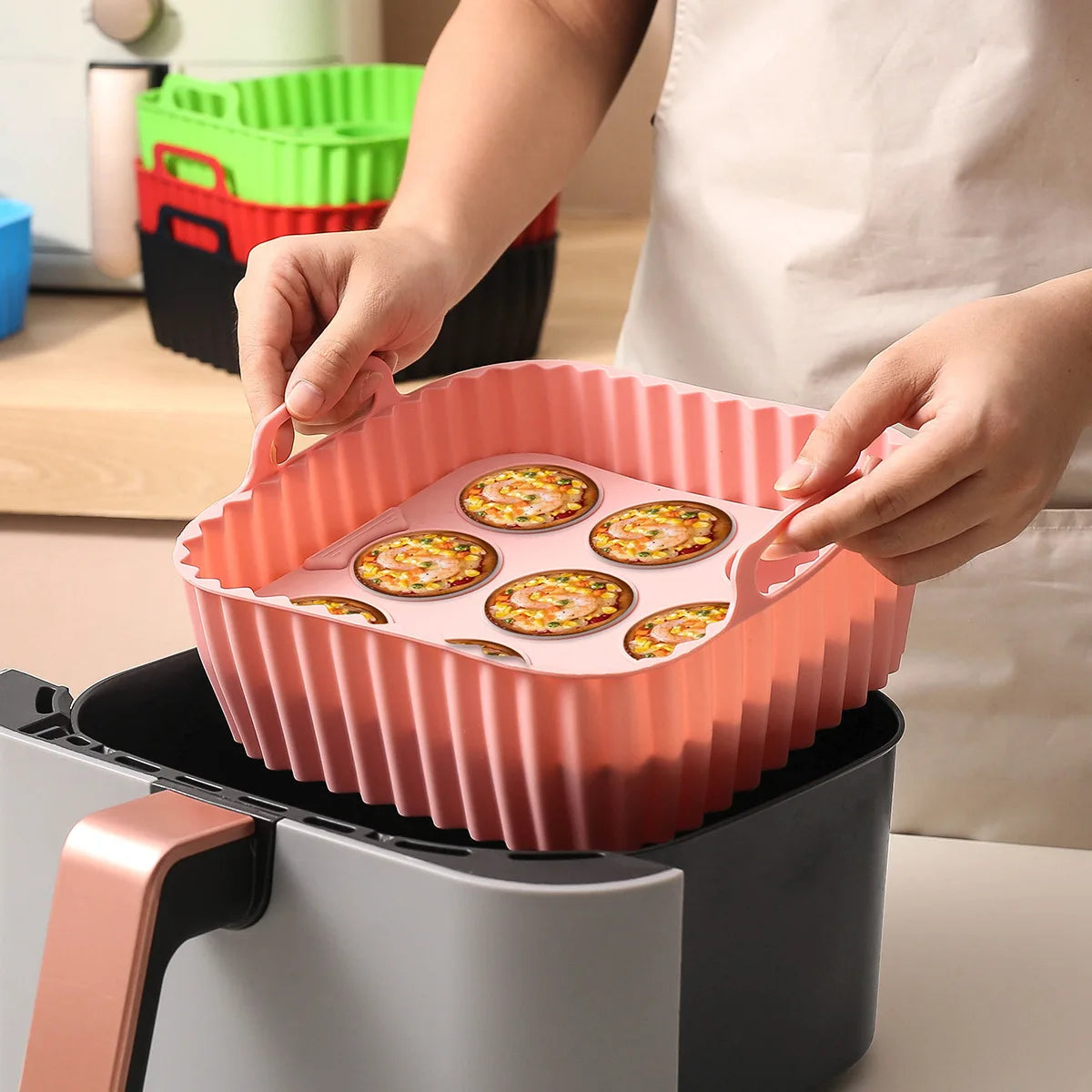 2pcs Silicone Air Fryer Liners & Muffin Pan Set Reusable Baking Trays Non-Stick Cupcake Molds for Airfryer Cooking Kitchen Tools