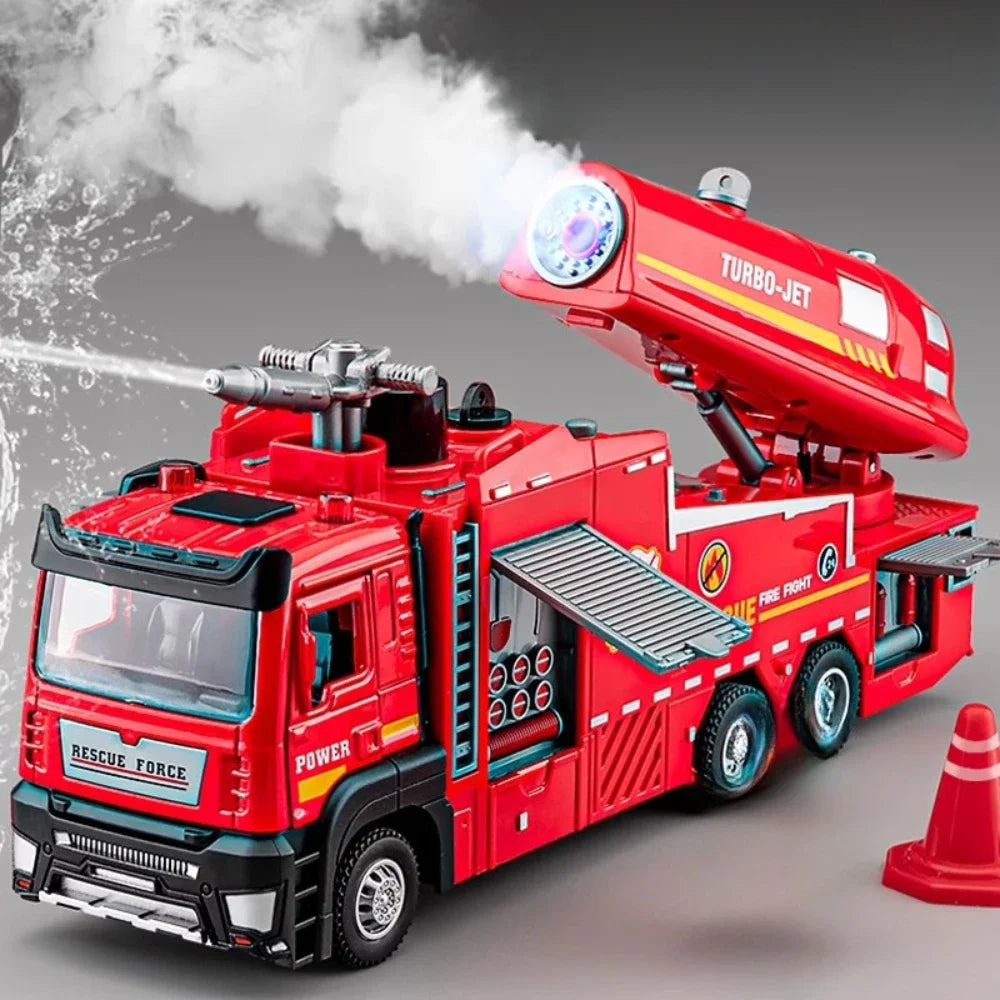 1:32 Scale Water Spray Fire Truck Model Ladder Trucks Toy Car Sound Light Pull Back Doors Opened Vehicle Collection Boys Gift