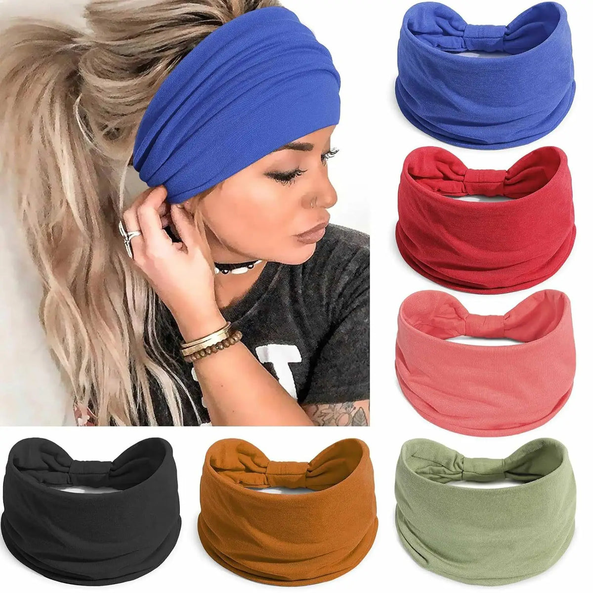New Boho Solid Color Wide Headbands Vintage Knot Elastic Turban Headwrap for Women Girls Cotton Soft Bandana Hair Accessories