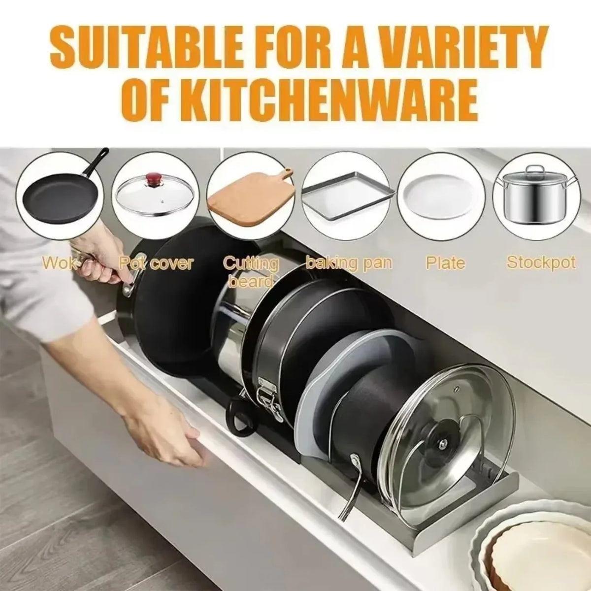 Expandable Pots and Pans Storage Rack for Cabinets Pot and Lid Holder with 6 Adjustable Shelves for Kitchen Organization Tools