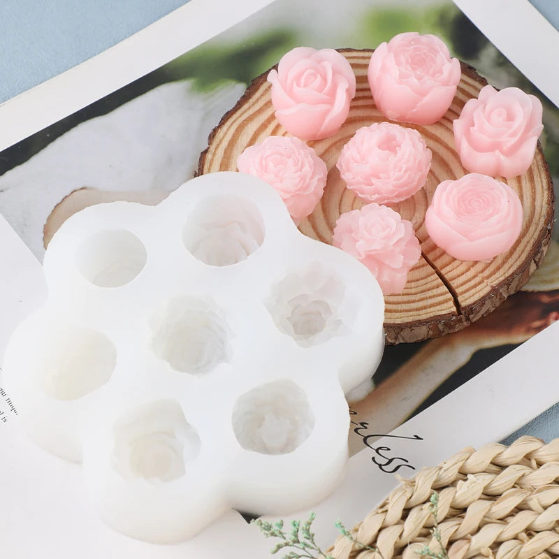 Multiple 7-hole rose and peony silicone molds for baking DIY cakes, chocolate, plaster, resin, and candle molds