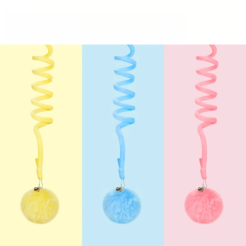 1pc Suction Cup Spring Fur Ball Retractable Cat Teaser with Bells Colorful Elastic Strings Fluffy Balls Cat Toy Pet Supplies