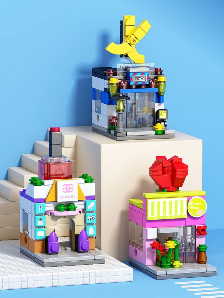 NEW DIY Makeup Convenience Store Flower Shop Hair Salon Piano Game Hall Fruit Bookstore Building Blocks Bricks Movie Model Toy