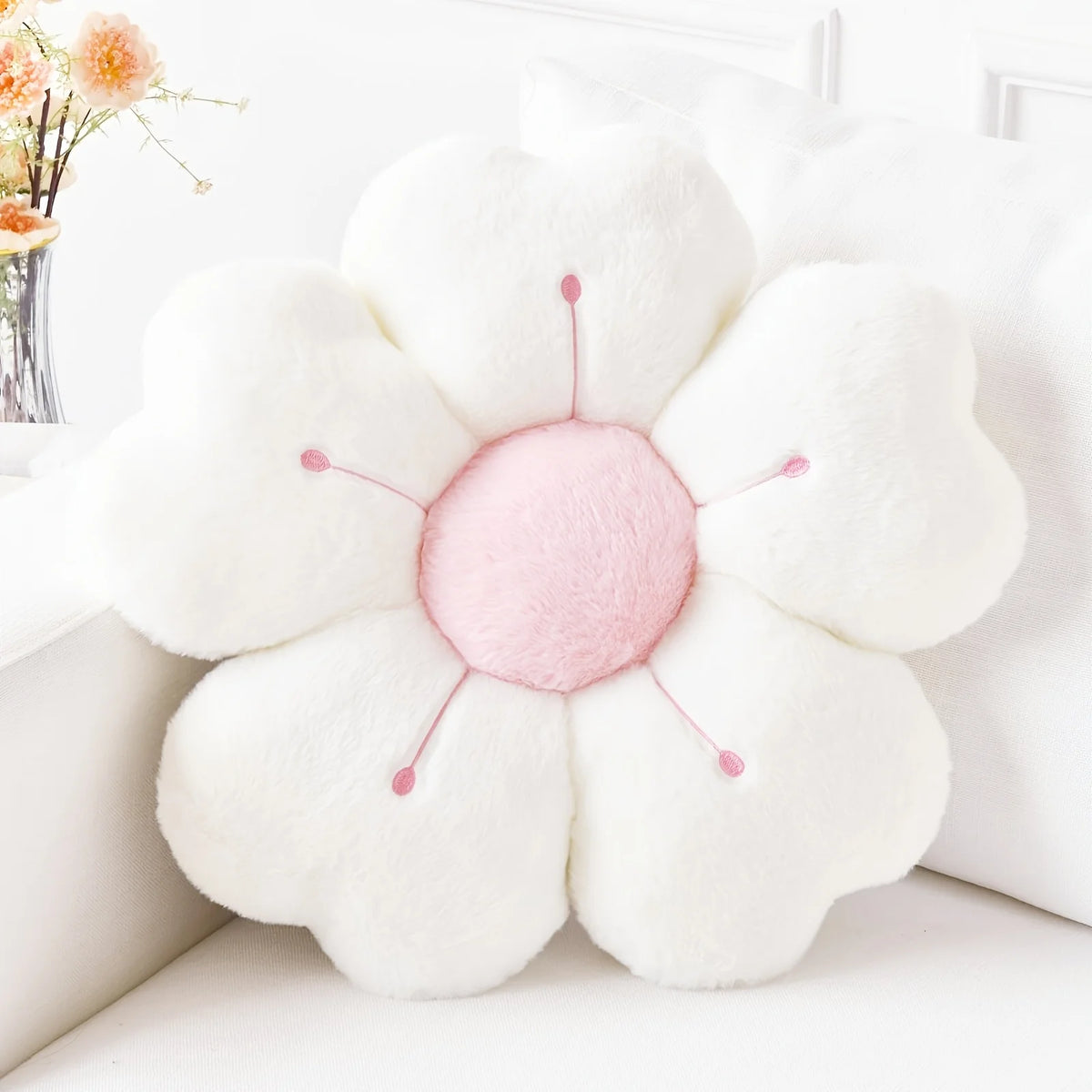Soft Plush Daisy Flower Throw Pillow - Cozy Decorative Cushion for Bed & Sofa, White/Pink, Adorable Floral Desig
