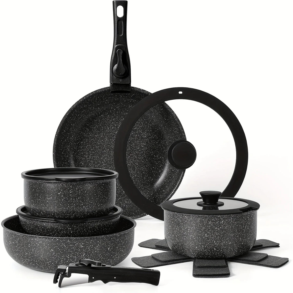 15pcs Pots And Pans Set Non Stick, Cookware Sets With Detachable Handle, Nonstick RV Kitchen Cooking Set Removable Handles,