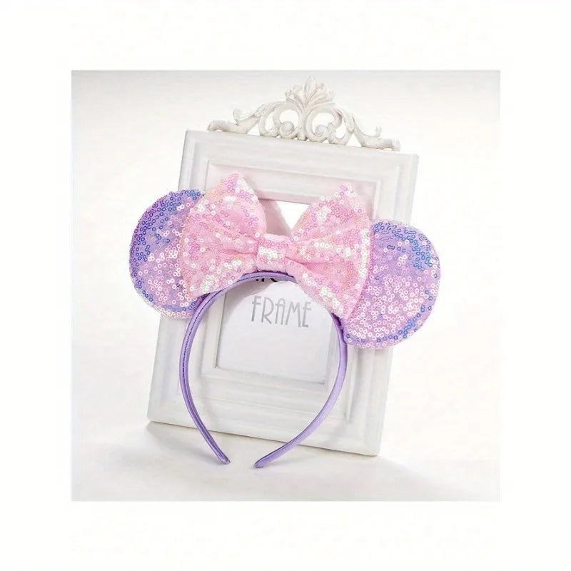1pc Cute Cartoon Minnie Headband Sequins Ears Bow Hair Hoops Purple Pink Women's Headband for Holiday Party Perfect Gifts
