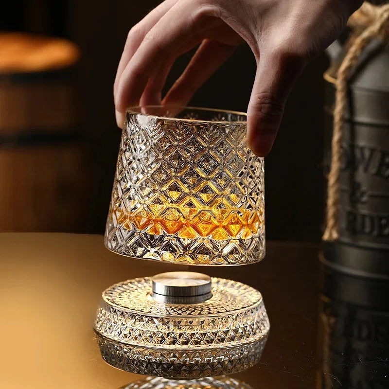 Rotating Whisky Glasses with Glass Base 360 Rotate Degrees Crystal Rum Glass for Cocktail Party Drinking