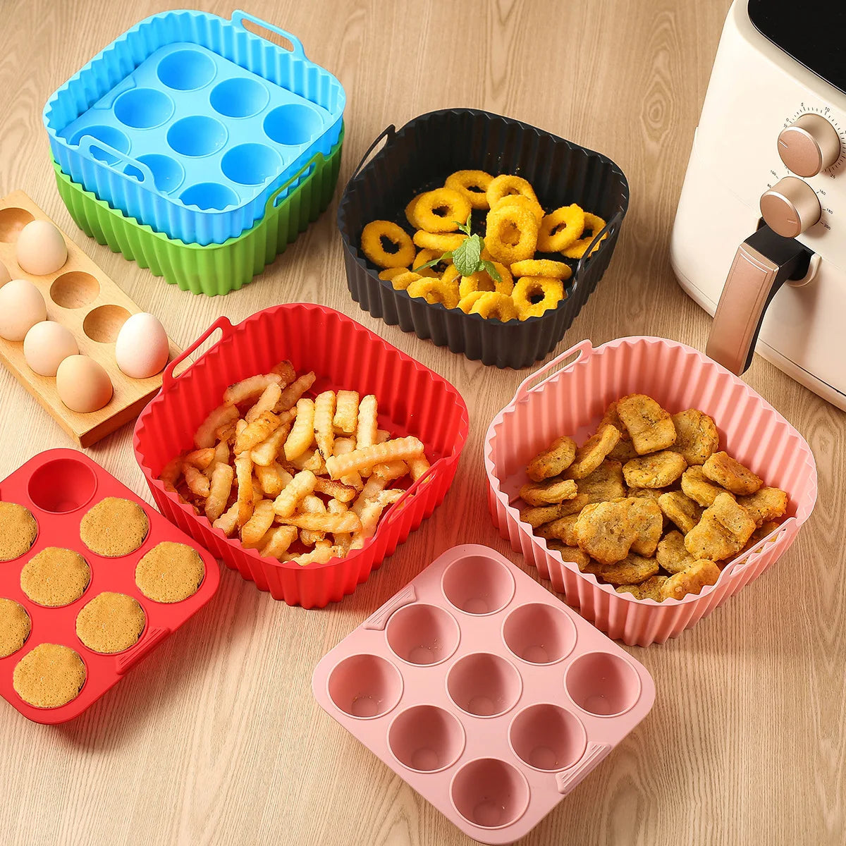 2pcs Silicone Air Fryer Liners & Muffin Pan Set Reusable Baking Trays Non-Stick Cupcake Molds for Airfryer Cooking Kitchen Tools