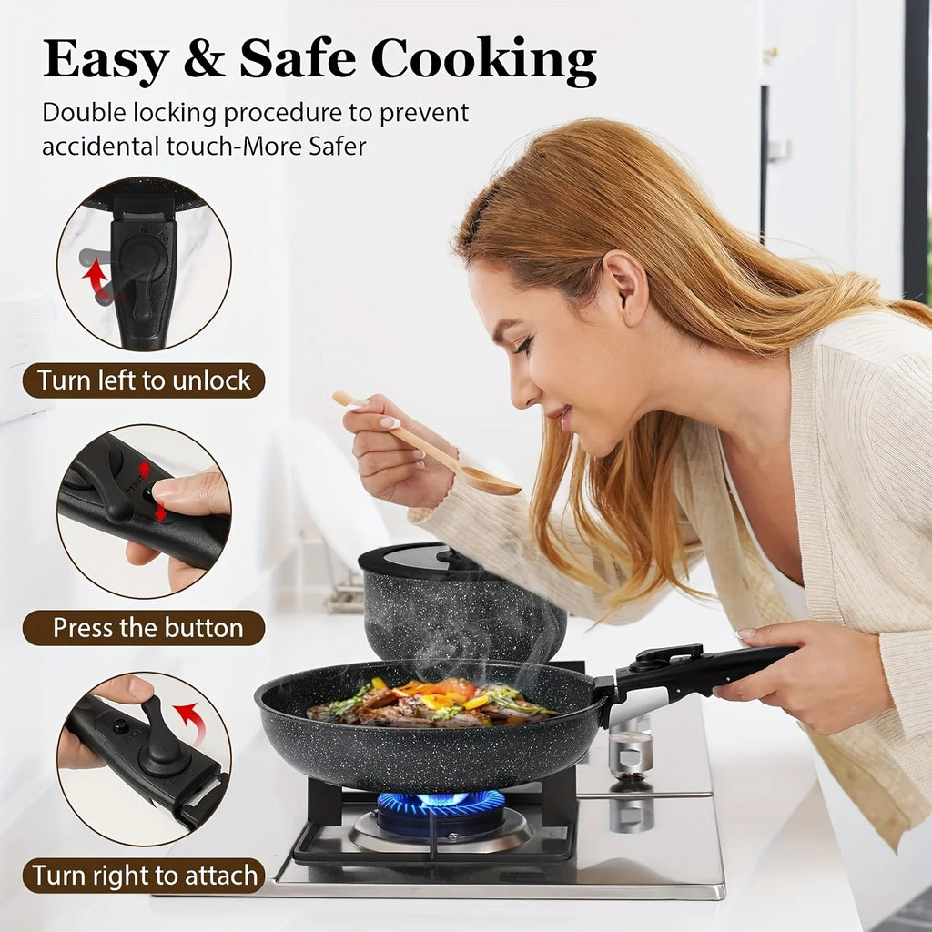 15pcs Pots And Pans Set Non Stick, Cookware Sets With Detachable Handle, Nonstick RV Kitchen Cooking Set Removable Handles,