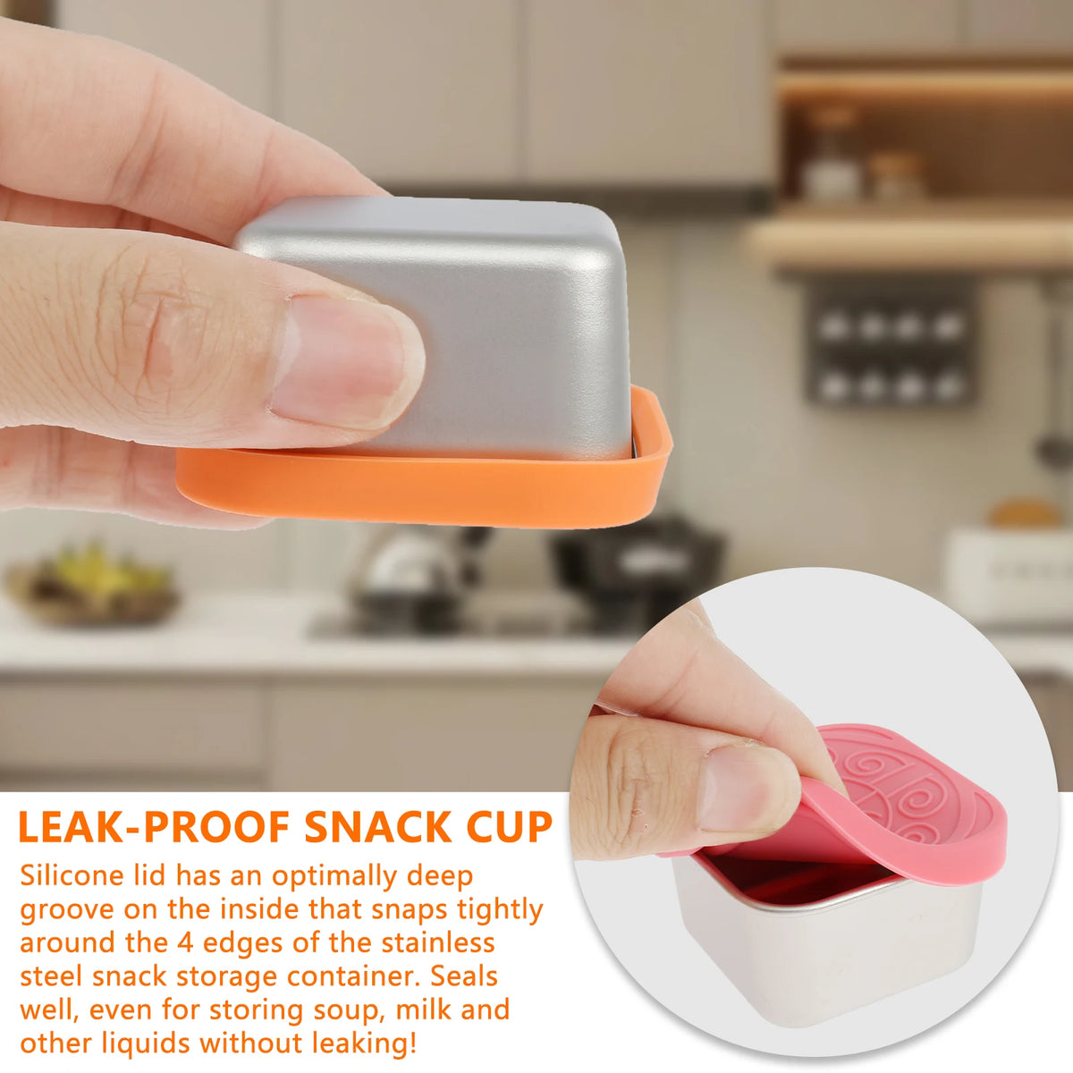 4Pcs 2/6oz Snack Container Stainless Steel Salad Box with Silicone Lids Leakproof Portable Stackable Dressing Food Storage Box