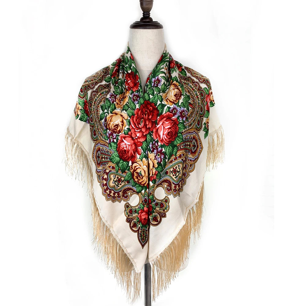 115*115cm Luxury Floral Print Russian Square Scarf Women Traditional Ukrainian Fringed Shawl Bandana Babushka Head Wraps