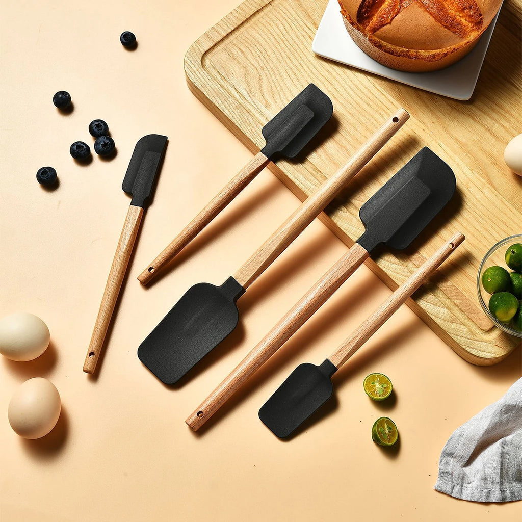 5pcs Wooden Handle Silicone Scrapers Set High Temperature Resistant Cream Cake Spatula Baking Scraper Shovel Kitchen Bakeware
