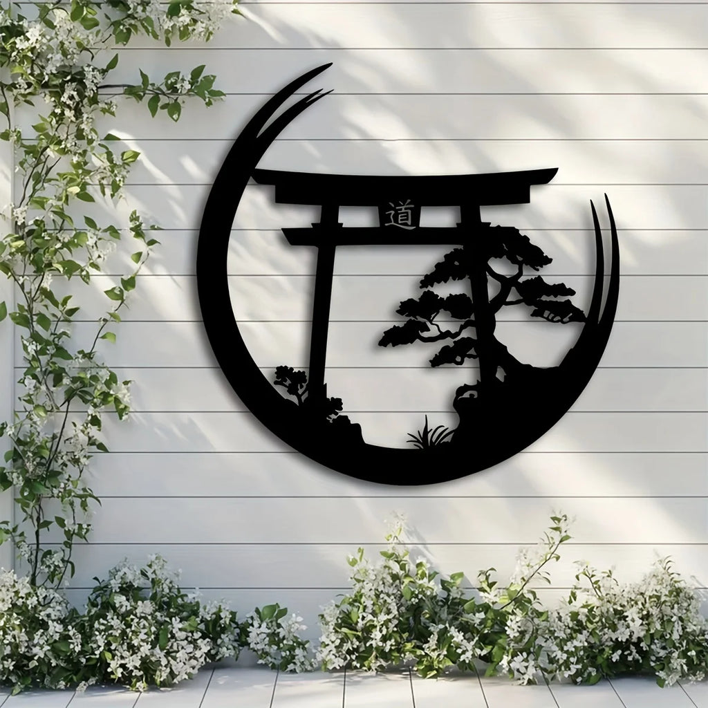 Japanese Bonsai Tree Torii Gate Wall Sculpture - Metal Wall Art, Elegant Hanging Decoration, Housewarming Iron Mural Gift