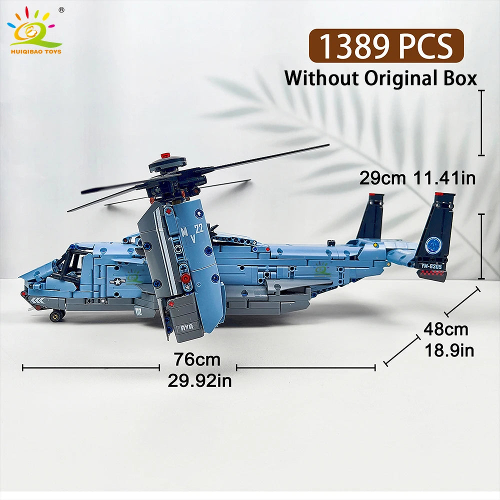 HUIQIBAO MOC V-22 Tiltrotor Aircraft Helicopter Building Block Children Military Airplane Model Bricks Toy Home Decor.