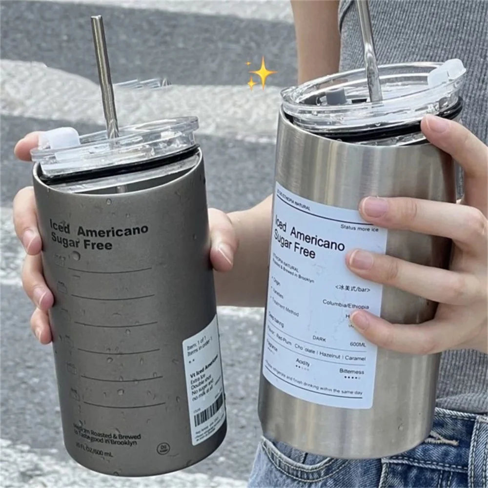 600ml Thermos Portable Stainless Steel Coffee Cup Thermos Bottle with Straw Insulation Drinkware Does Not Contain BPA