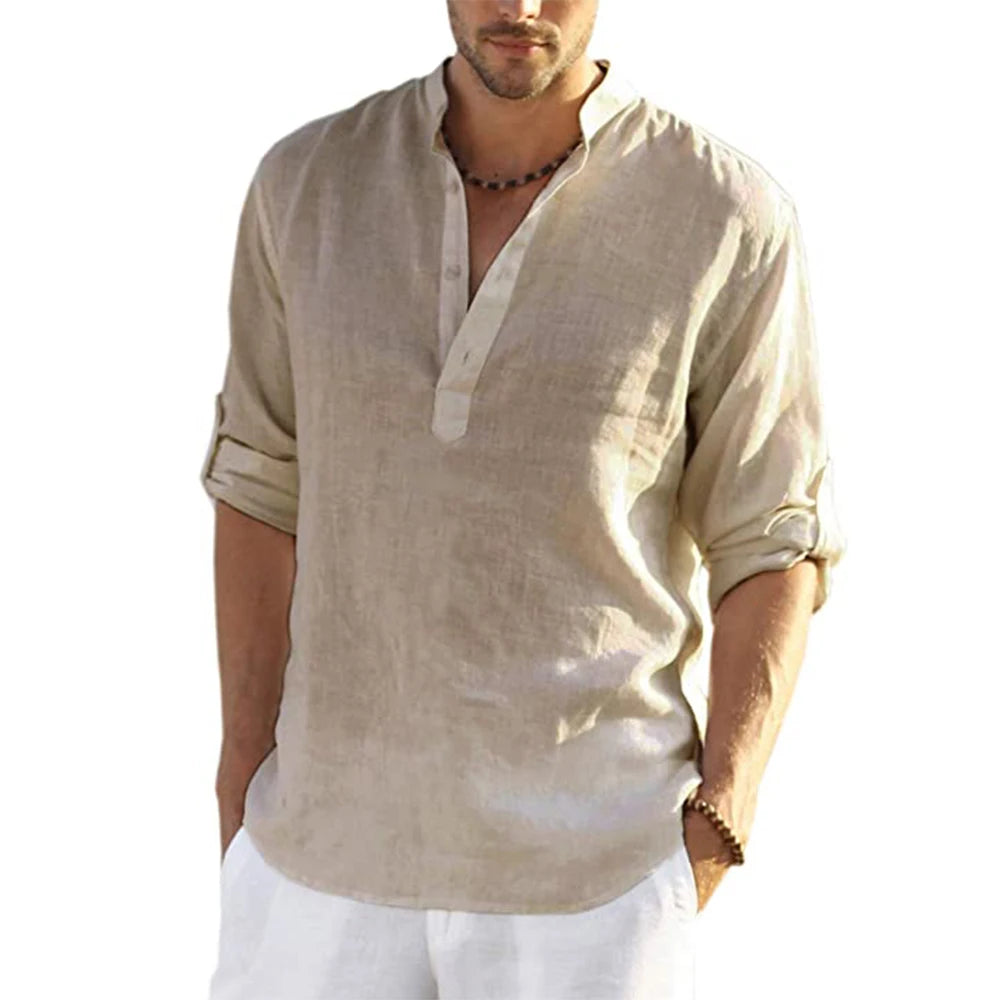 New Men's Casual Blouse Cotton Linen Shirt Loose Tops