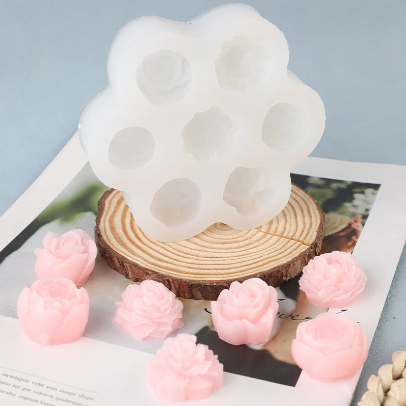 Multiple 7-hole rose and peony silicone molds for baking DIY cakes, chocolate, plaster, resin, and candle molds