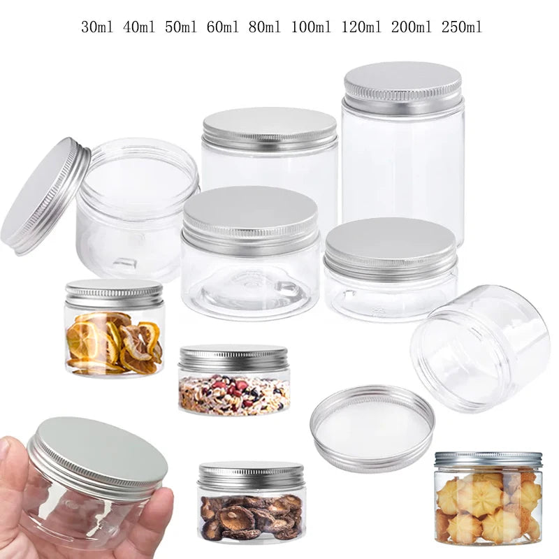 1-10Pcs 20/25/30/40/45-250ml Storage Jars With Lids Aluminum Round Canister Empty Plastic Cosmetic Jars Food Travel Bottle Pot
