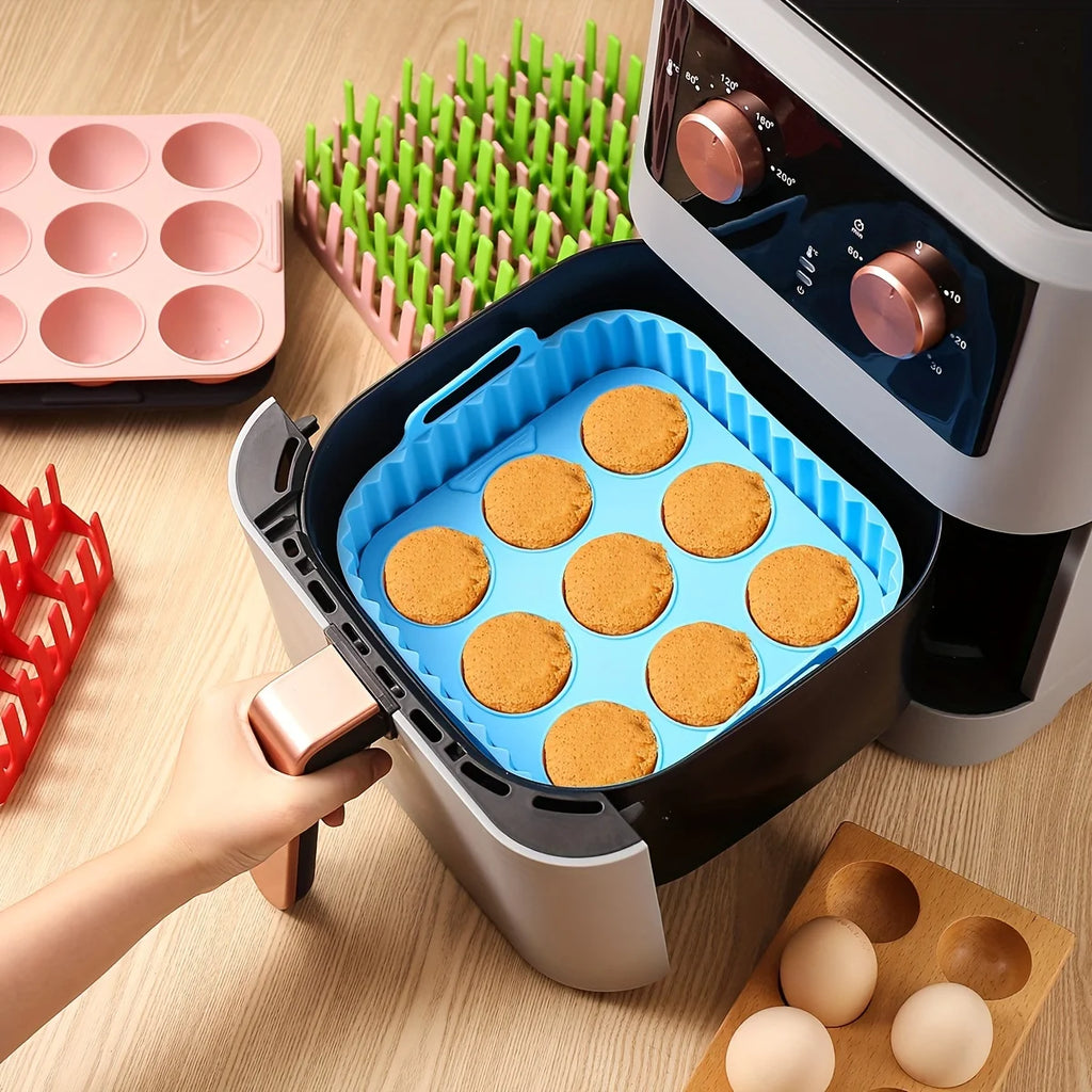 2pcs Silicone Air Fryer Liners & Muffin Pan Set Reusable Baking Trays Non-Stick Cupcake Molds for Airfryer Cooking Kitchen Tools