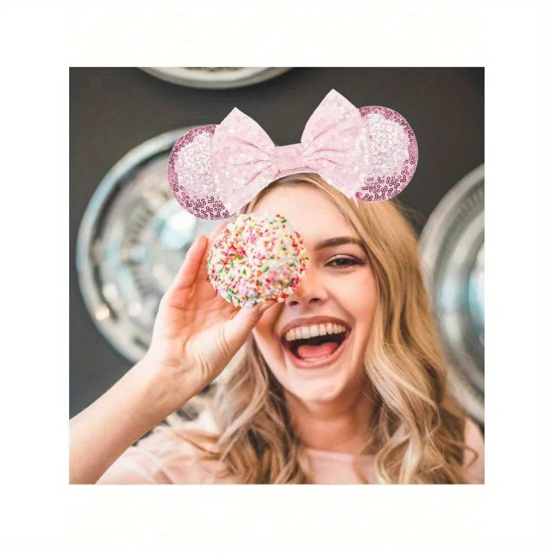 1pc Cute Cartoon Minnie Headband Sequins Ears Bow Hair Hoops Purple Pink Women's Headband for Holiday Party Perfect Gifts