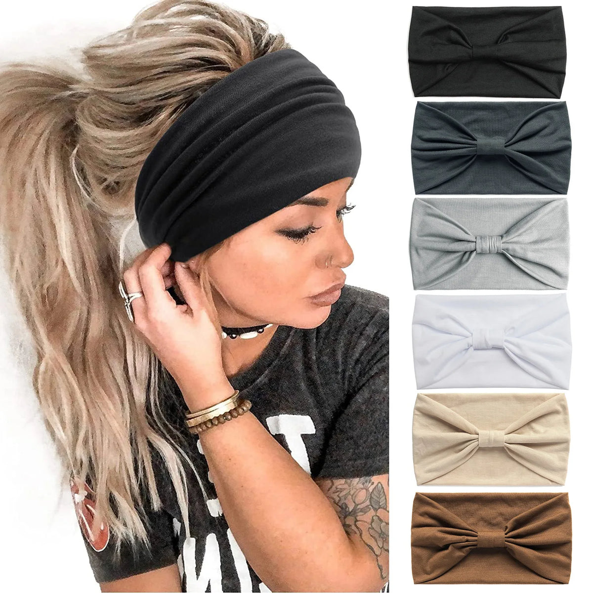 New Boho Solid Color Wide Headbands Vintage Knot Elastic Turban Headwrap for Women Girls Cotton Soft Bandana Hair Accessories