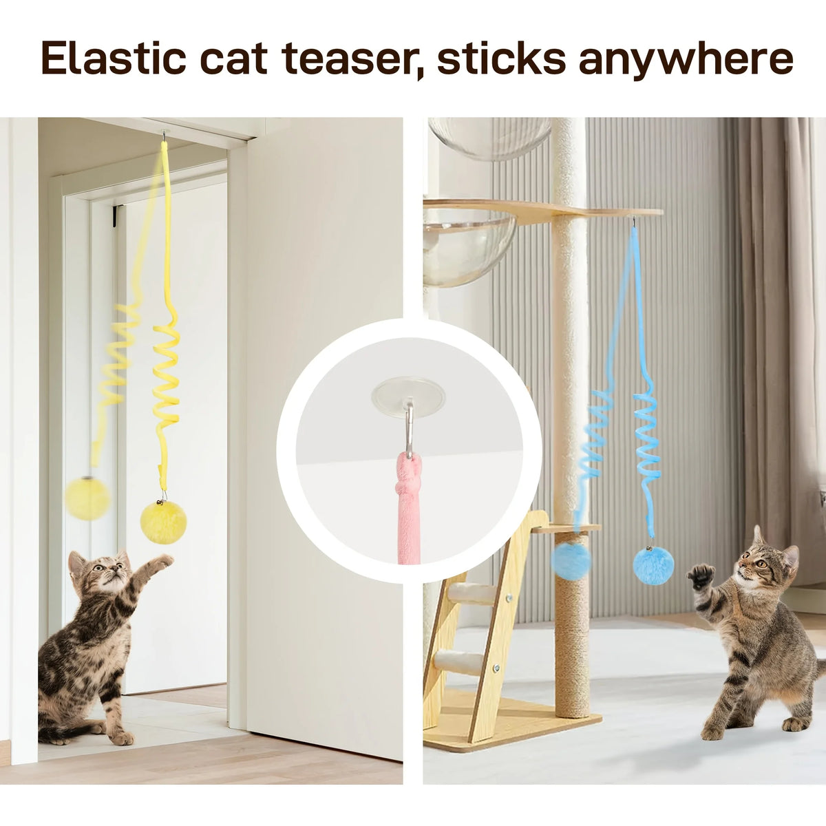 1pc Suction Cup Spring Fur Ball Retractable Cat Teaser with Bells Colorful Elastic Strings Fluffy Balls Cat Toy Pet Supplies