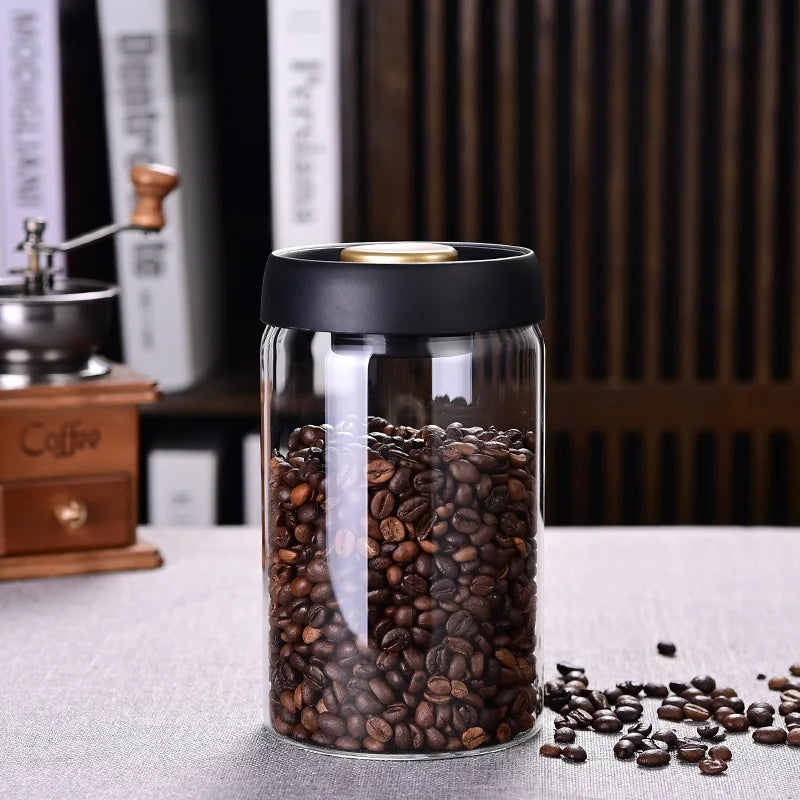 Coffee Bean Storage Jar, Vacuum-Sealed Jar, Kitchen Food Storage Glass Jar, Freshness Preservation Jar