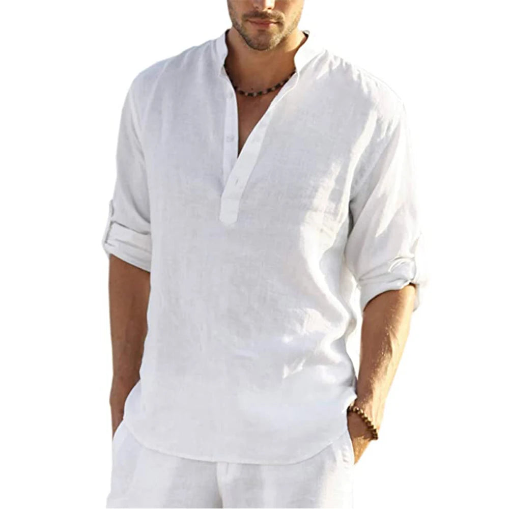 New Men's Casual Blouse Cotton Linen Shirt Loose Tops