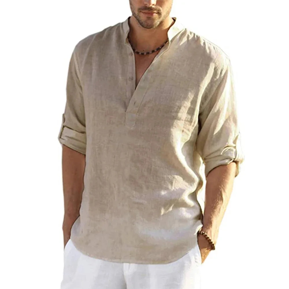 New Men's Casual Blouse Cotton Linen Shirt Loose Tops