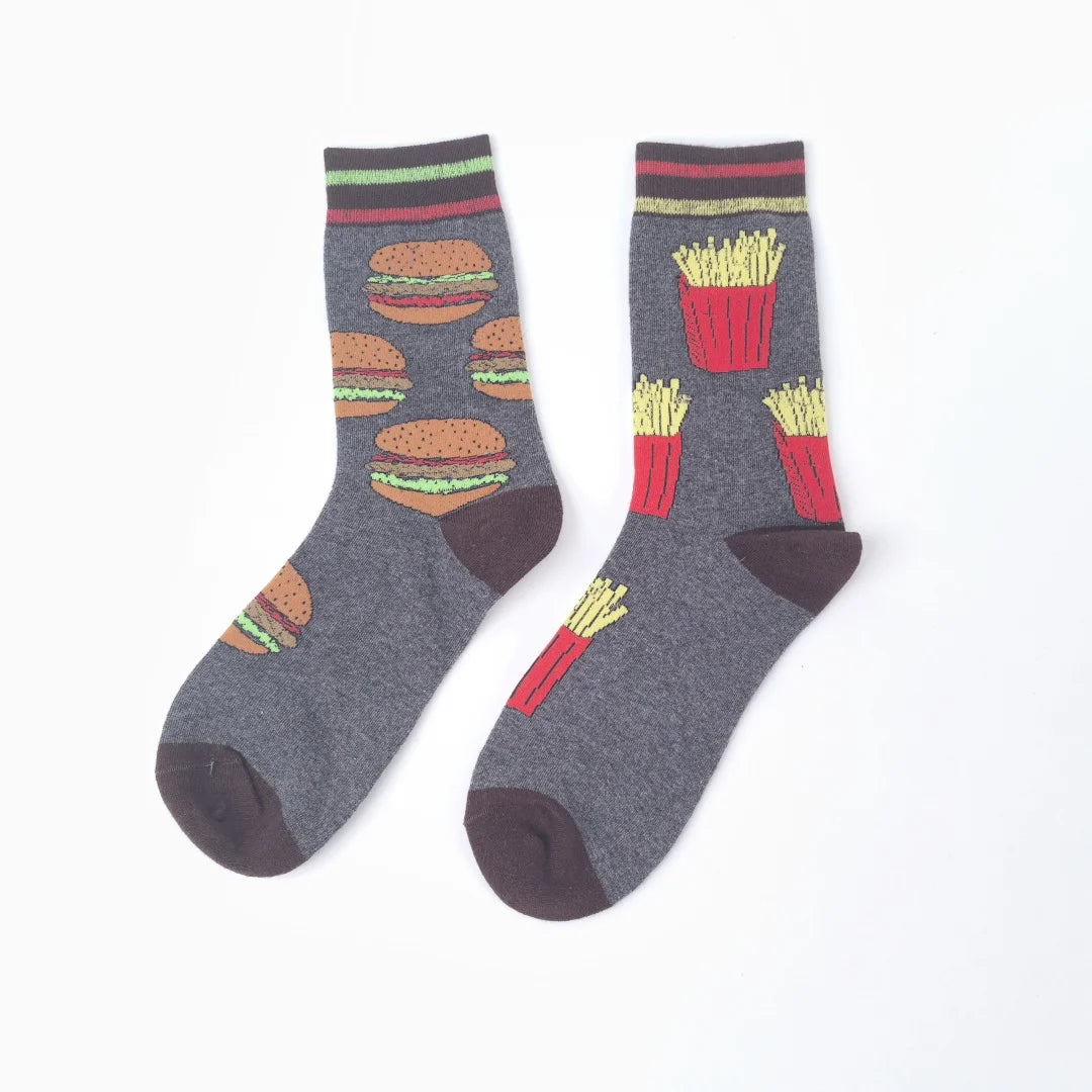 1 Pair Unisex Funny AB Style Tomato Ketchup French Fry Printed Mid-Calf Socks Suit In All Seasons