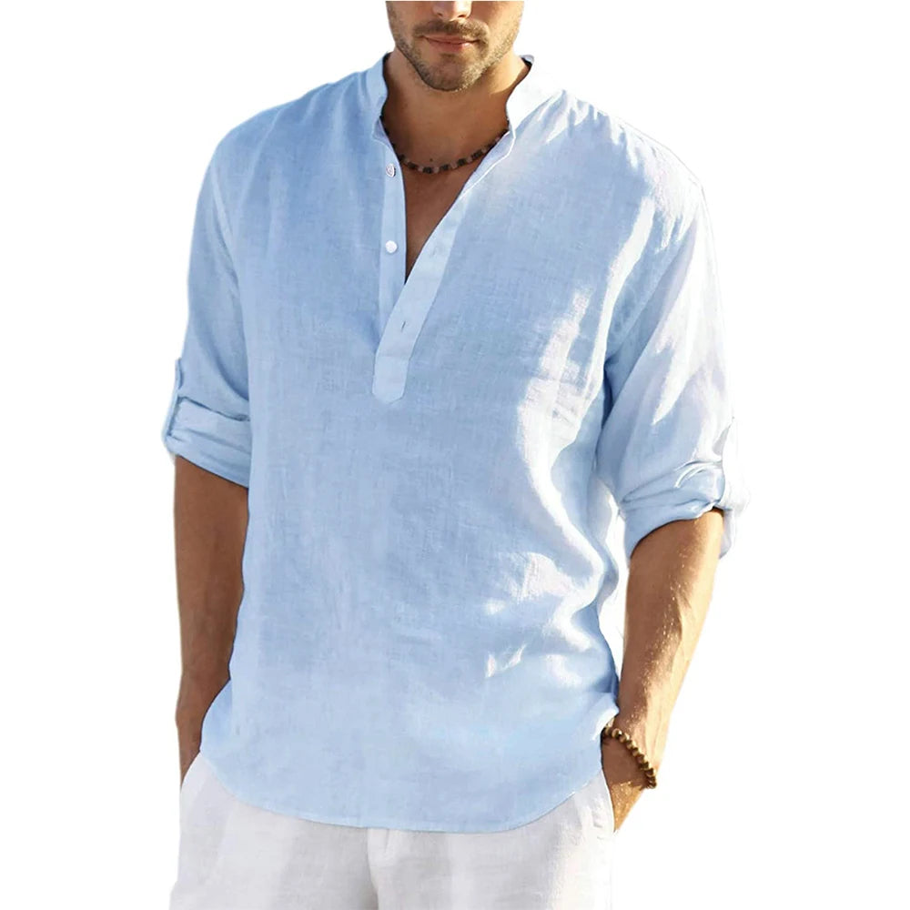 New Men's Casual Blouse Cotton Linen Shirt Loose Tops