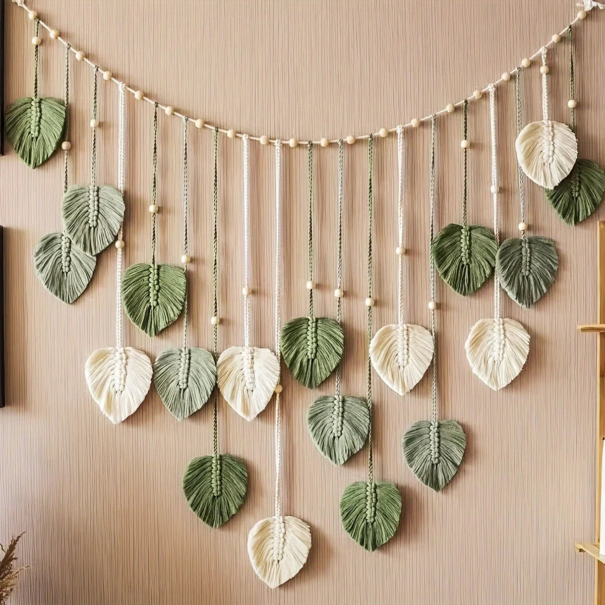 Modern Woven Wall Decor, Beautiful Room Decor, Green Leaves Hanging on The Walls, Bohemian Style, Feather, Ramadan Easter Gift