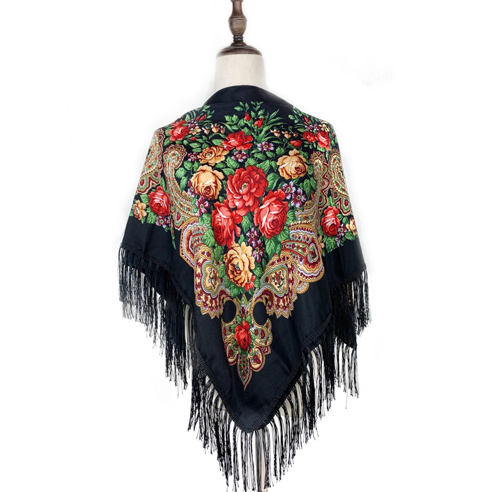 115*115cm Luxury Floral Print Russian Square Scarf Women Traditional Ukrainian Fringed Shawl Bandana Babushka Head Wraps