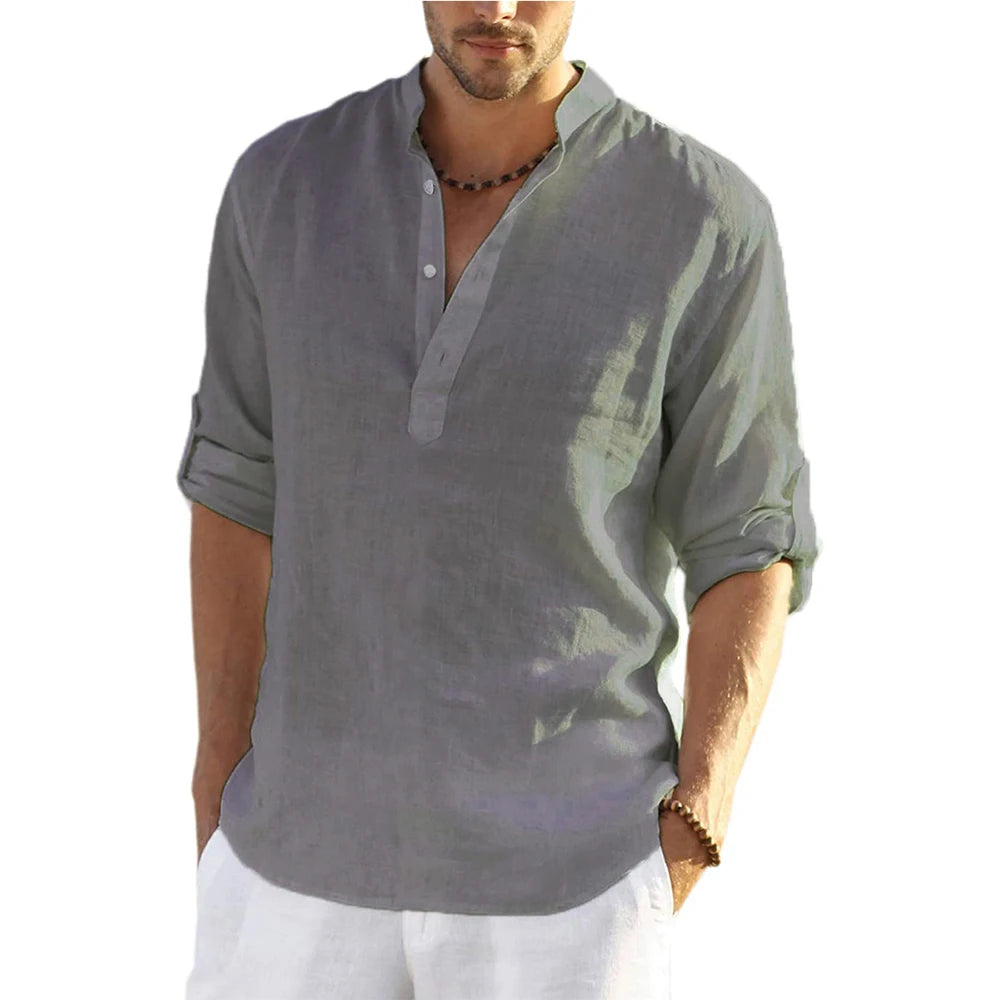 New Men's Casual Blouse Cotton Linen Shirt Loose Tops