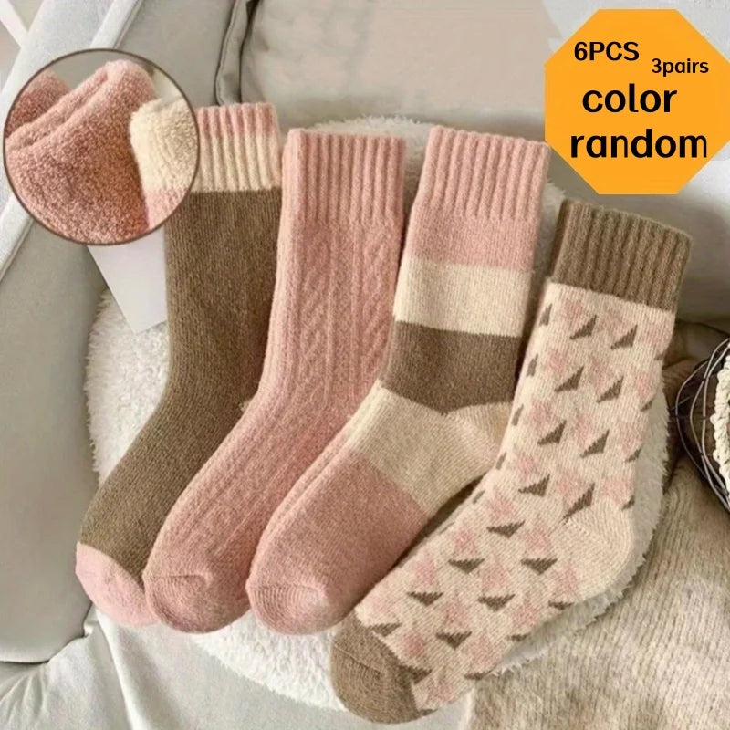 6Pcs (3 Pairs Mixed Colors) Thick Socks, One Size Fits All, Women's Autumn and Winter Style, Trendy Mid-Calf Socks, Winter High-Tube Socks, Fleece-Lined, Thickened, Warm, Solid Color, Terry Long Socks