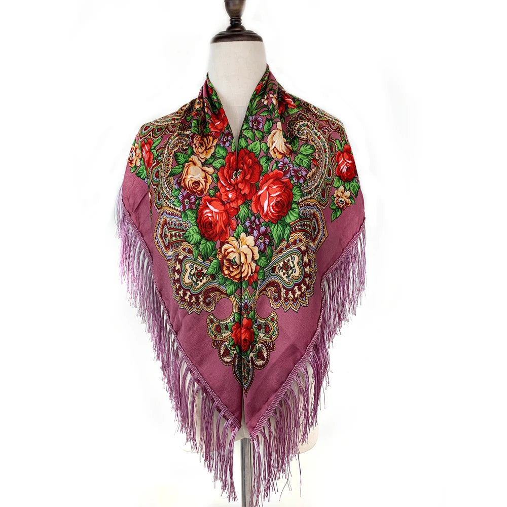 115*115cm Luxury Floral Print Russian Square Scarf Women Traditional Ukrainian Fringed Shawl Bandana Babushka Head Wraps