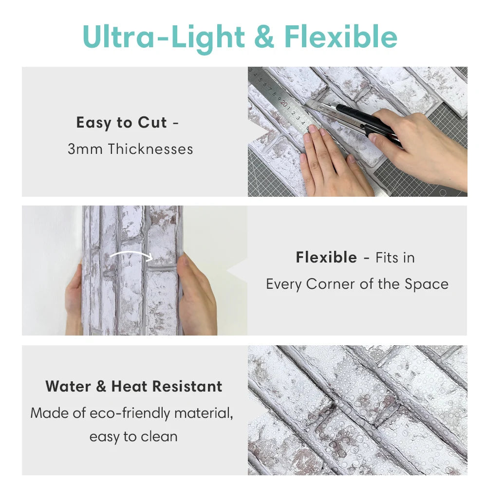 3D Tile Stickers, 3D Whitewash Brick Textures, Matte, 30cm X 30cm, Water and Mold Resistant, for Living Room Kitchen Wall Update