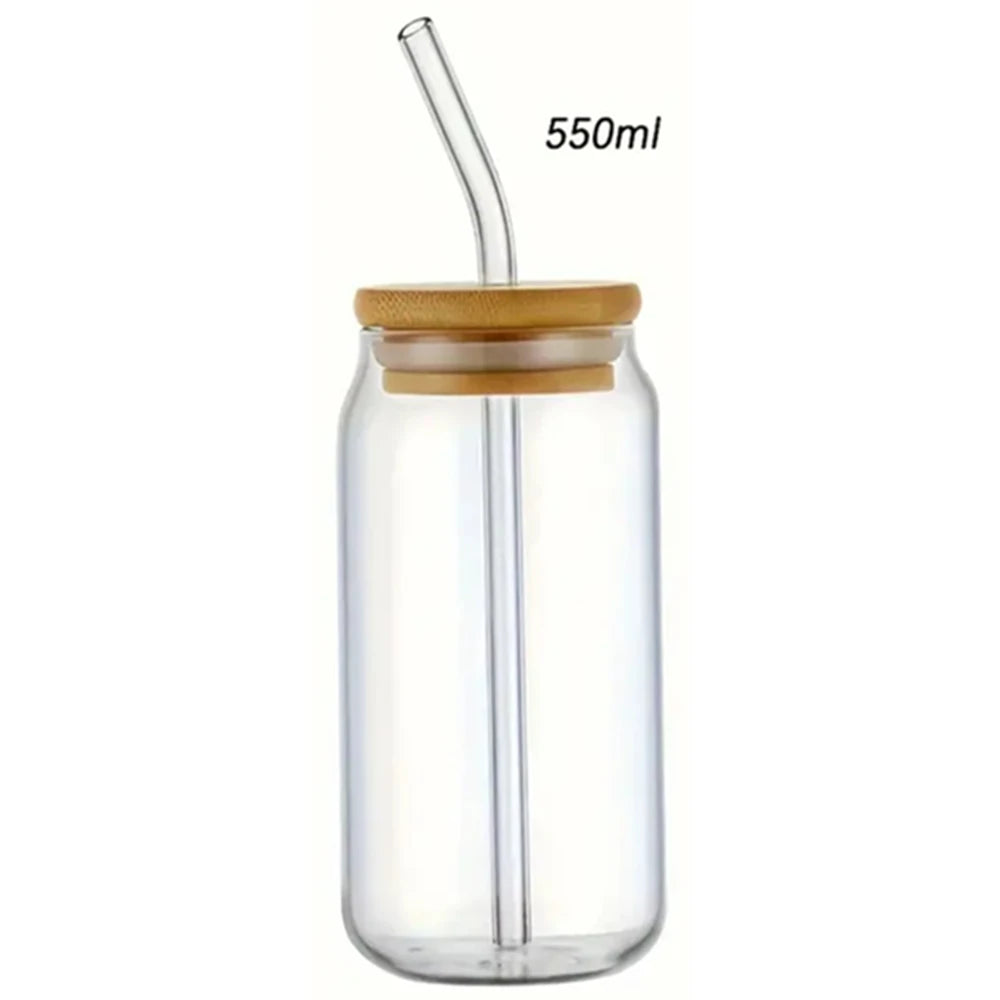 1pc Glass Cups with Bamboo Lids and Straw 350ml/550ml Mason Jars Coffee Mug Beer Can Shaped for Cocktail Whiskey Milk Juice Cola