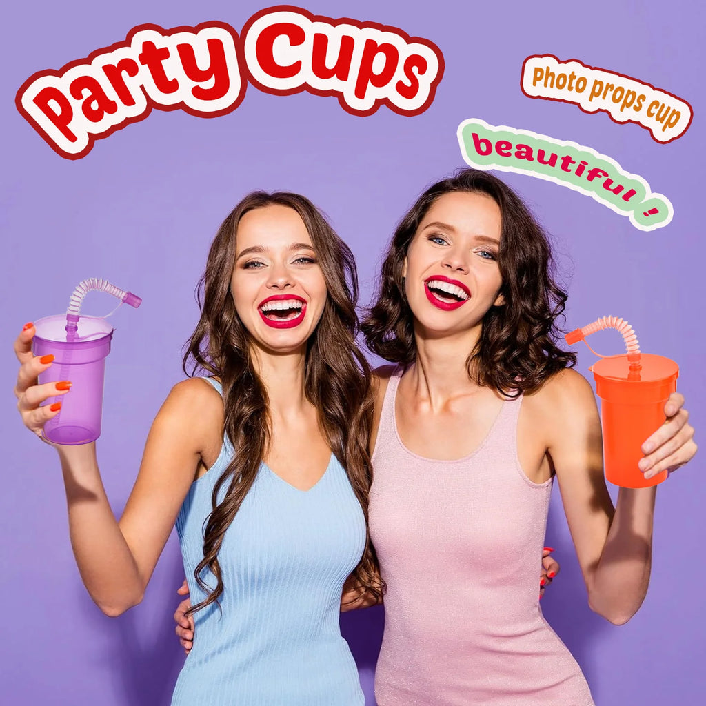 Neon Sipper Cups Reusable Spill-Proof Drinking Cups with Lids and Straws for Birthday Party Travel Xmas Juice Mug Water Bottle