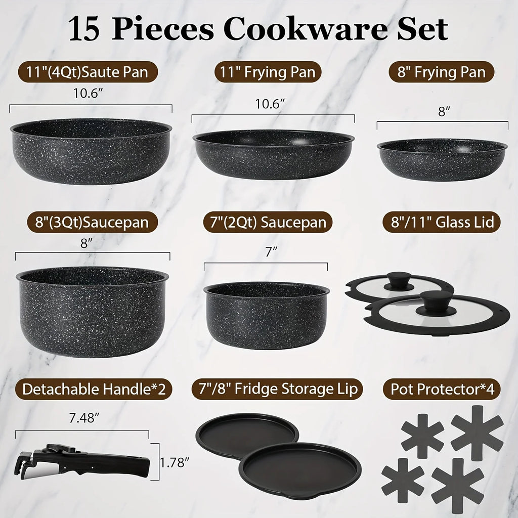 15pcs Pots And Pans Set Non Stick, Cookware Sets With Detachable Handle, Nonstick RV Kitchen Cooking Set Removable Handles,